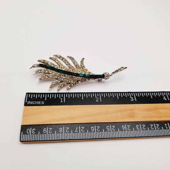 Pell Feather Leaf Brooch Green Baguette Rhinestone Vintage Rhodium 3" - Picture 6 of 8